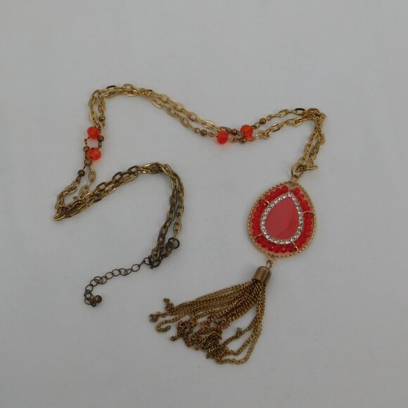 Orange Beaded Teadrop Necklace w/Tassle Rhinestones Gold Tone Adjustable Long - Picture 3 of 6